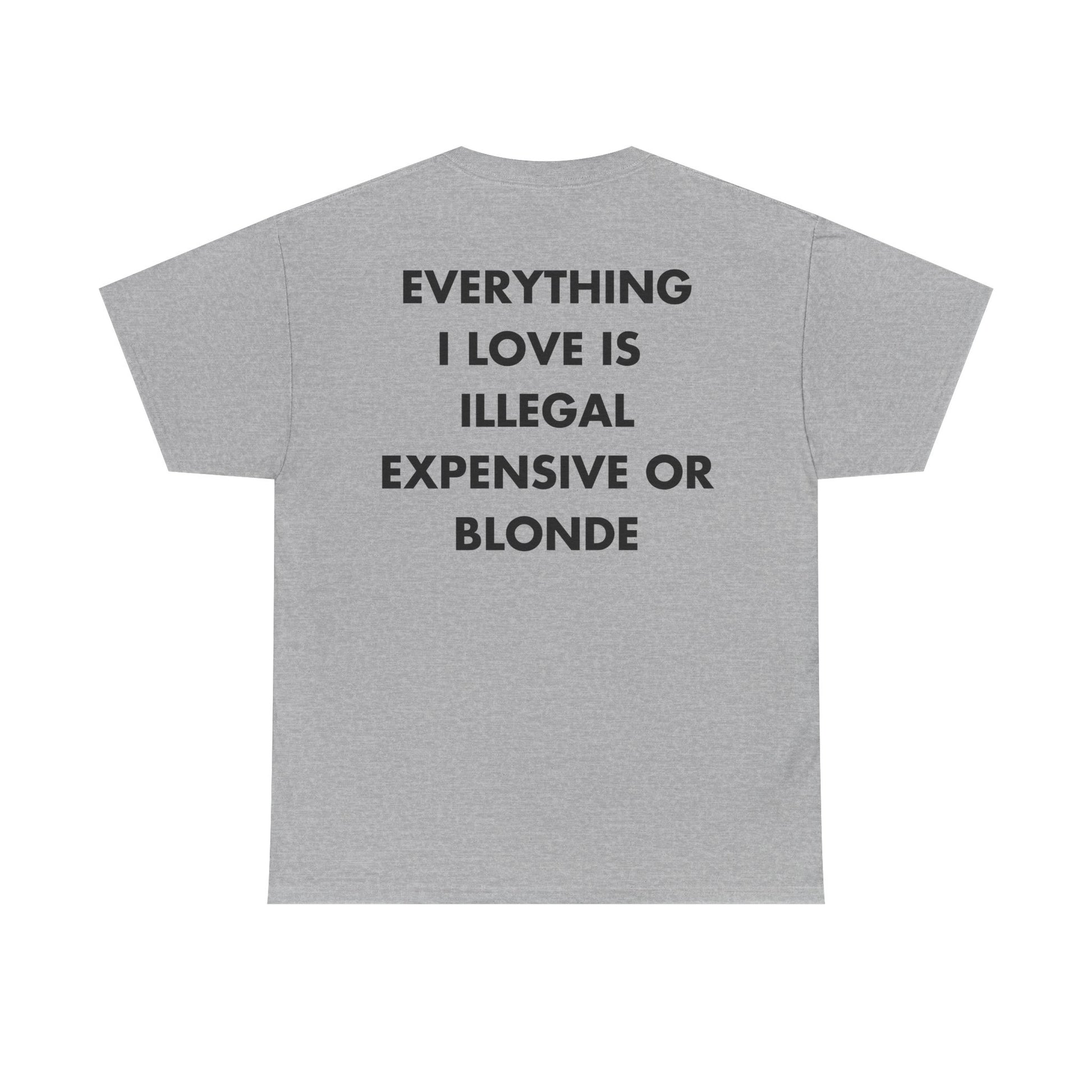Graues Unisex T-Shirt mit Back-Print und dem englischen Spruch „Everything I love is illegal, expensive or blonde“
