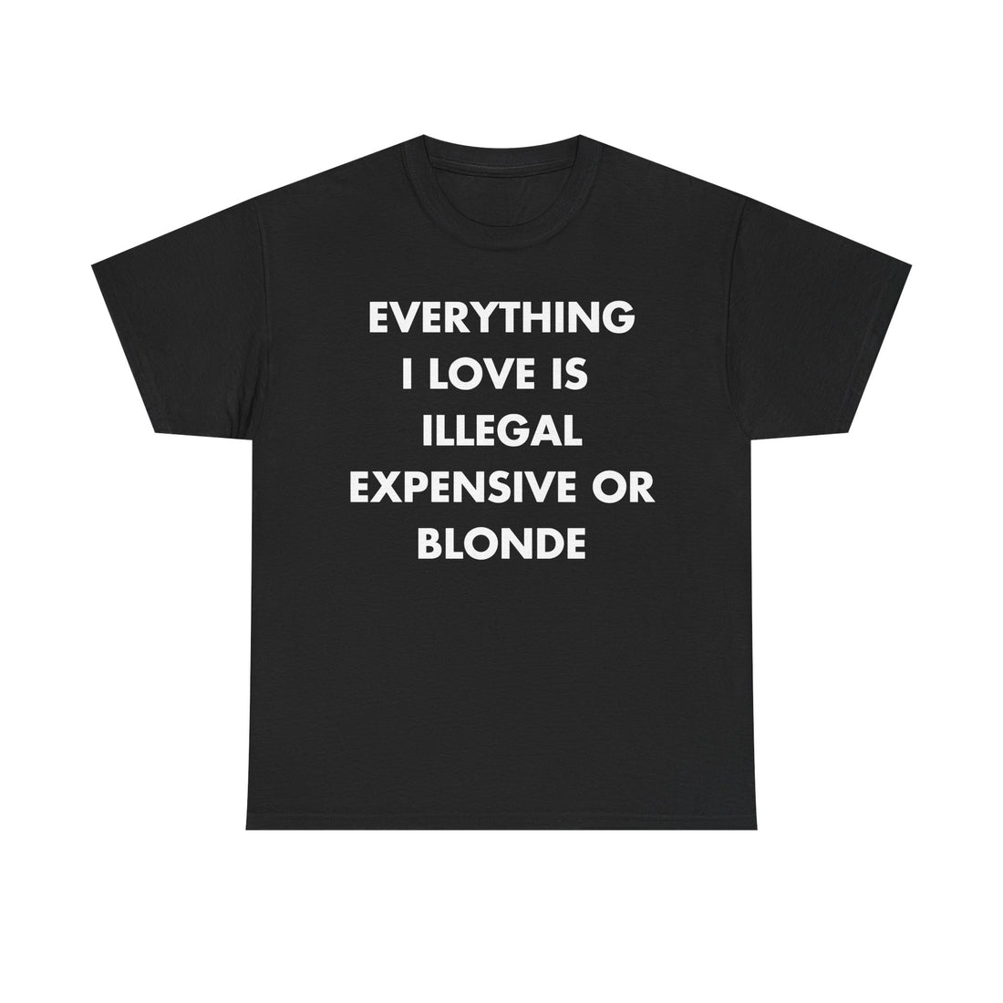 Schwarzes Unisex T-Shirt mit Front-Print und dem englischen Spruch „Everything I love is illegal, expensive or blonde“