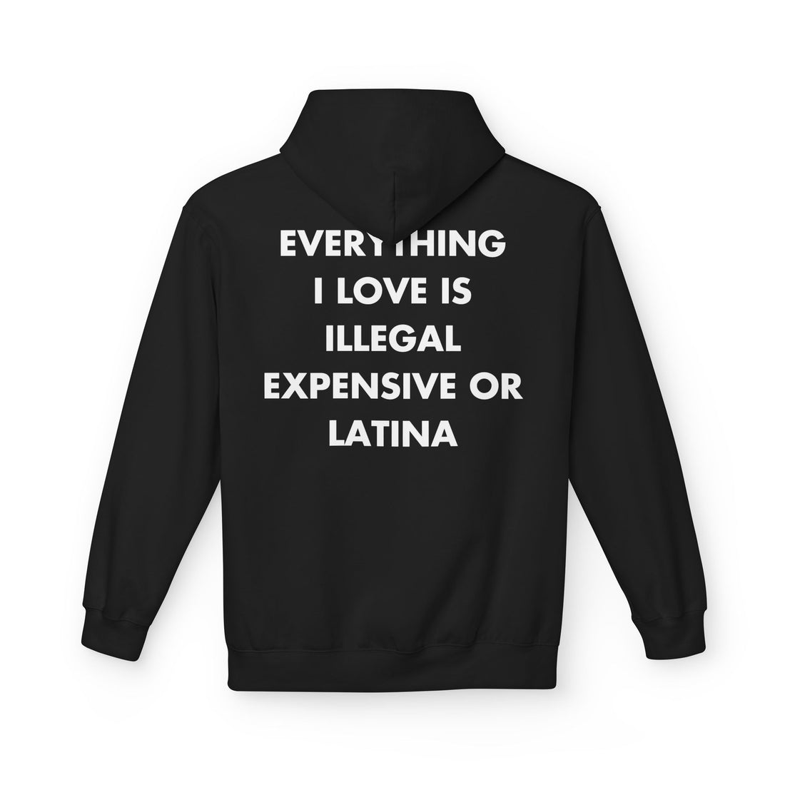 Schwarzer Unisex Hoodie mit Back-Print und dem englischen Spruch „Everything I love is illegal, expensive or latina“