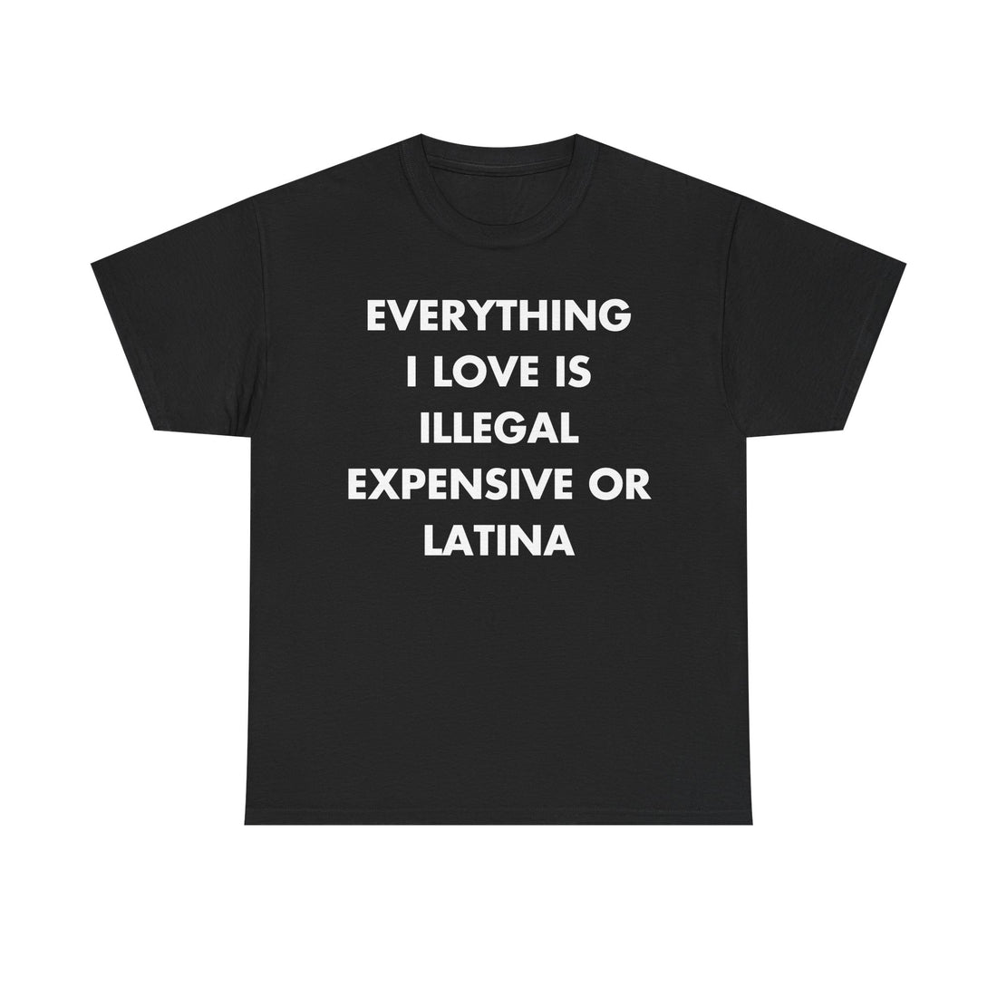 Schwarzes Unisex T-Shirt mit Front-Print und dem englischen Spruch „Everything I love is illegal, expensive or latina“