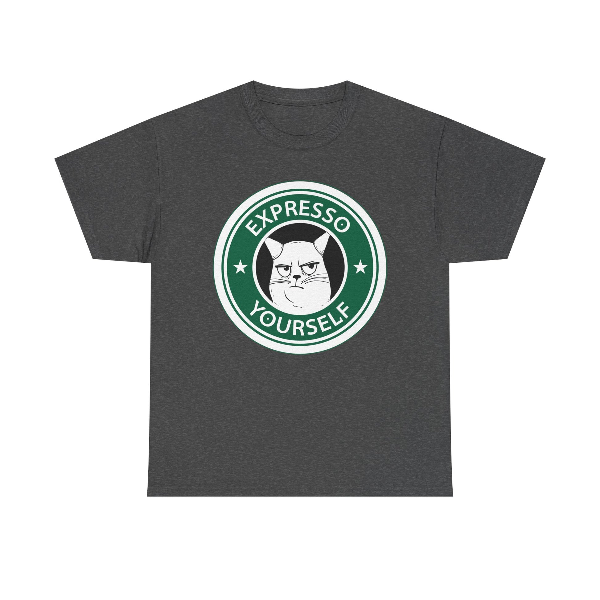 Dunkelgraues T-Shirt mit Kaffeelogo-Parodie – eine missmutige Katze und der Spruch „Expresso Yourself“ in Weiß-Grün.