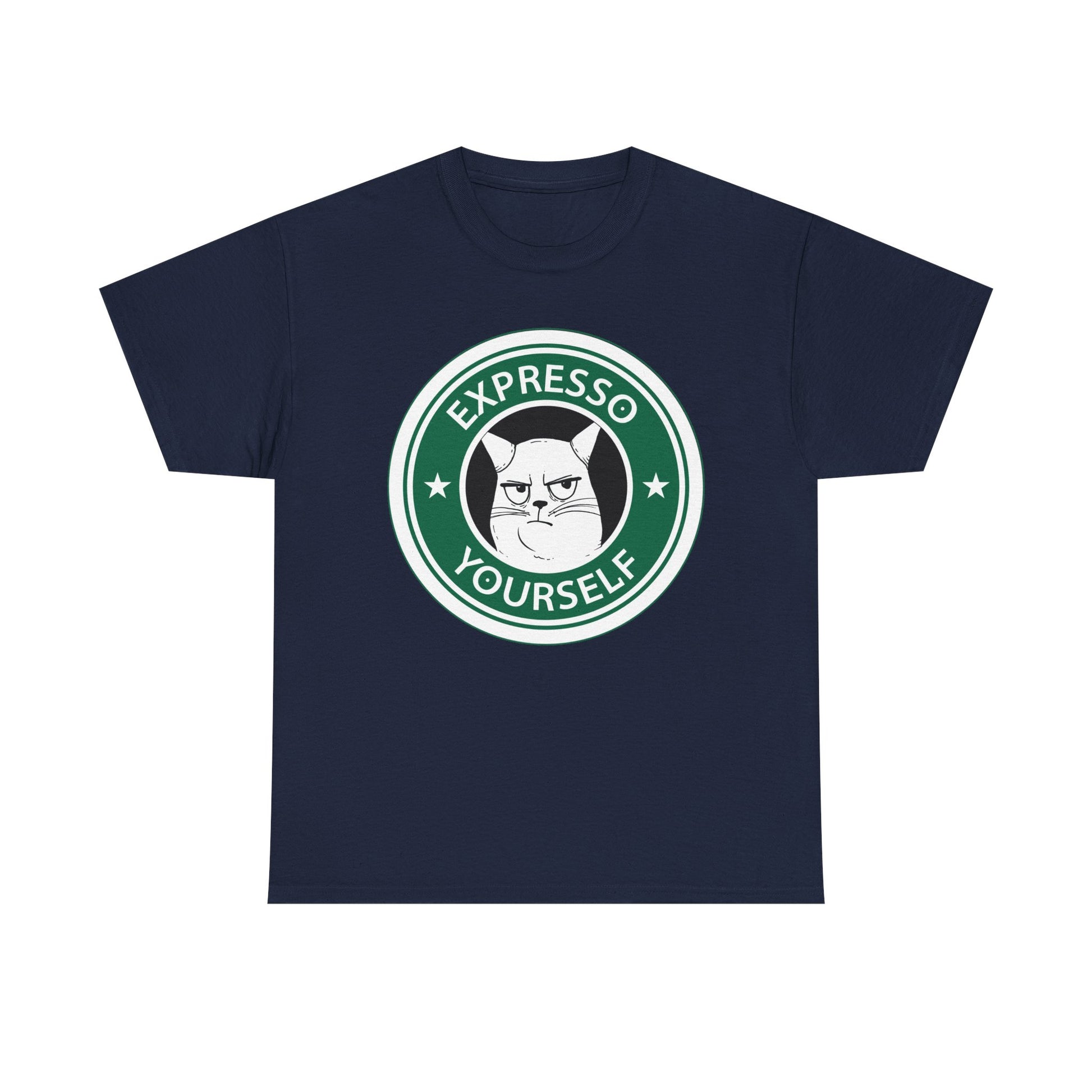 Marineblaues Shirt mit ironischem Kaffee-Design – eine mürrische Katze im Logo mit der Aufschrift „Expresso Yourself“.