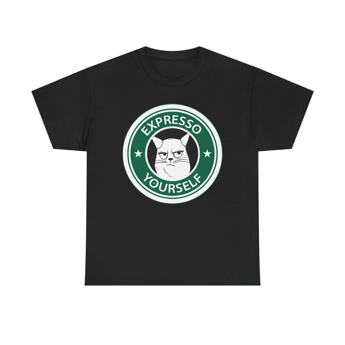 Schwarzes T-Shirt mit grün-weißem Rundlogo und grimmiger Katze in der Mitte – Schriftzug „Expresso Yourself“ als Kaffee-Wortspiel.