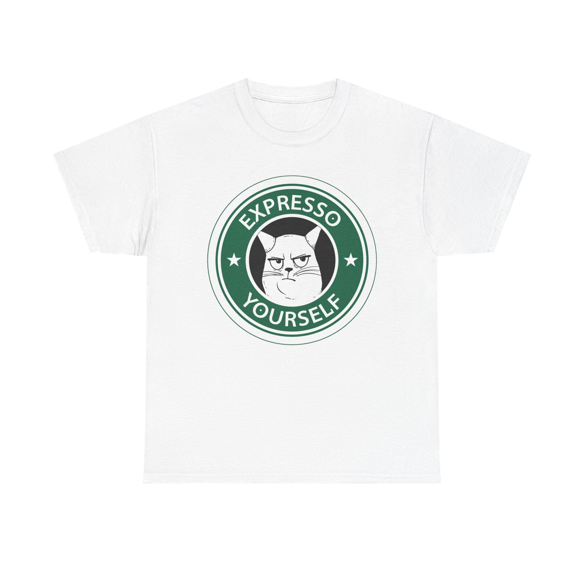 Weißes Shirt mit auffälligem grünen Katzenlogo – Wortspiel „Expresso Yourself“ und grimmiger Kater im Mittelpunkt.