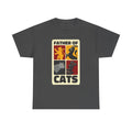 Dunkelgraues T Shirt mit bunten Katzenwappen und der Aufschrift Father of Cats. Parodie auf Game of Thrones.