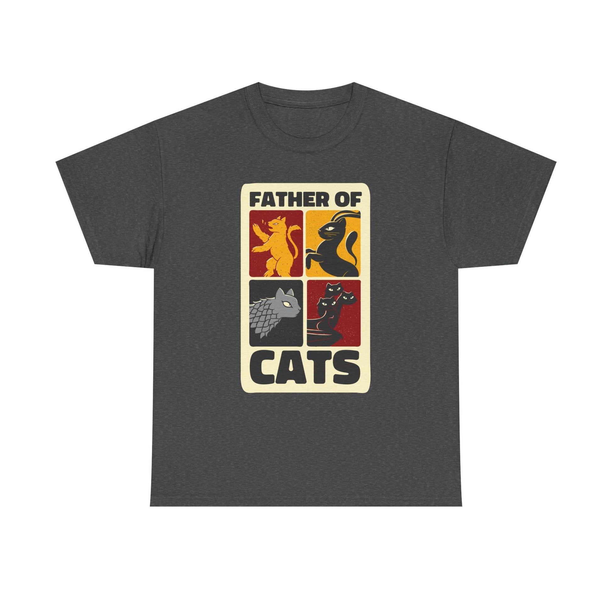 Dunkelgraues T Shirt mit bunten Katzenwappen und der Aufschrift Father of Cats. Parodie auf Game of Thrones.