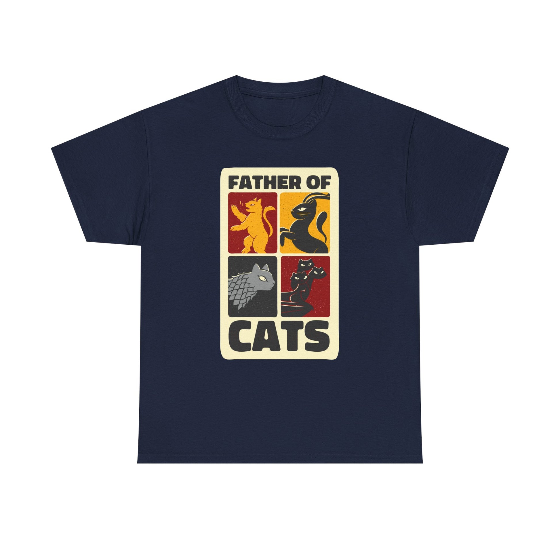 Marineblaues T Shirt mit vier farbigen Katzenwappen inspiriert von Game of Thrones. Text Father of Cats ergänzt das Design.