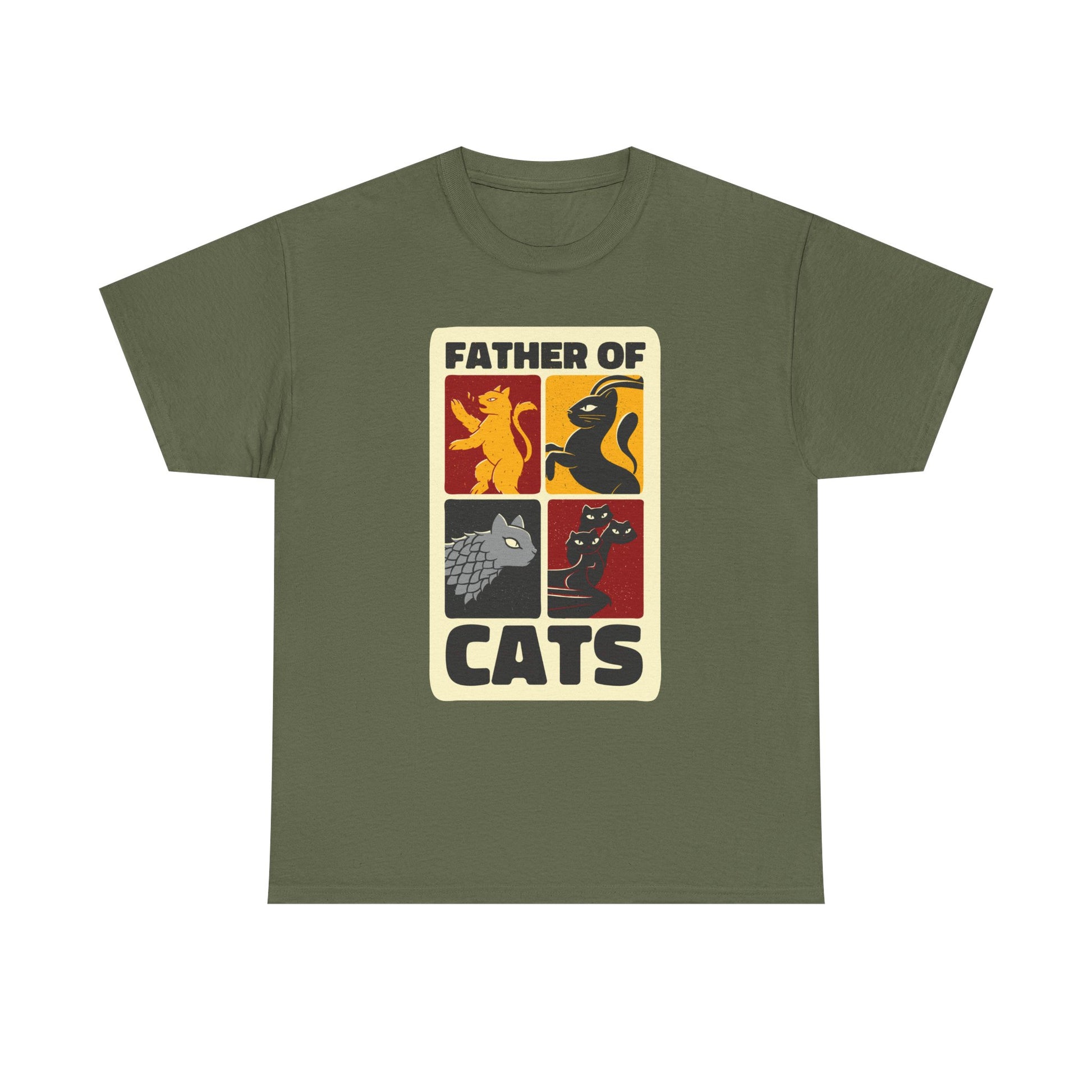 Militärgrünes T Shirt mit Katzenwappen im Game of Thrones Stil und Schriftzug Father of Cats.