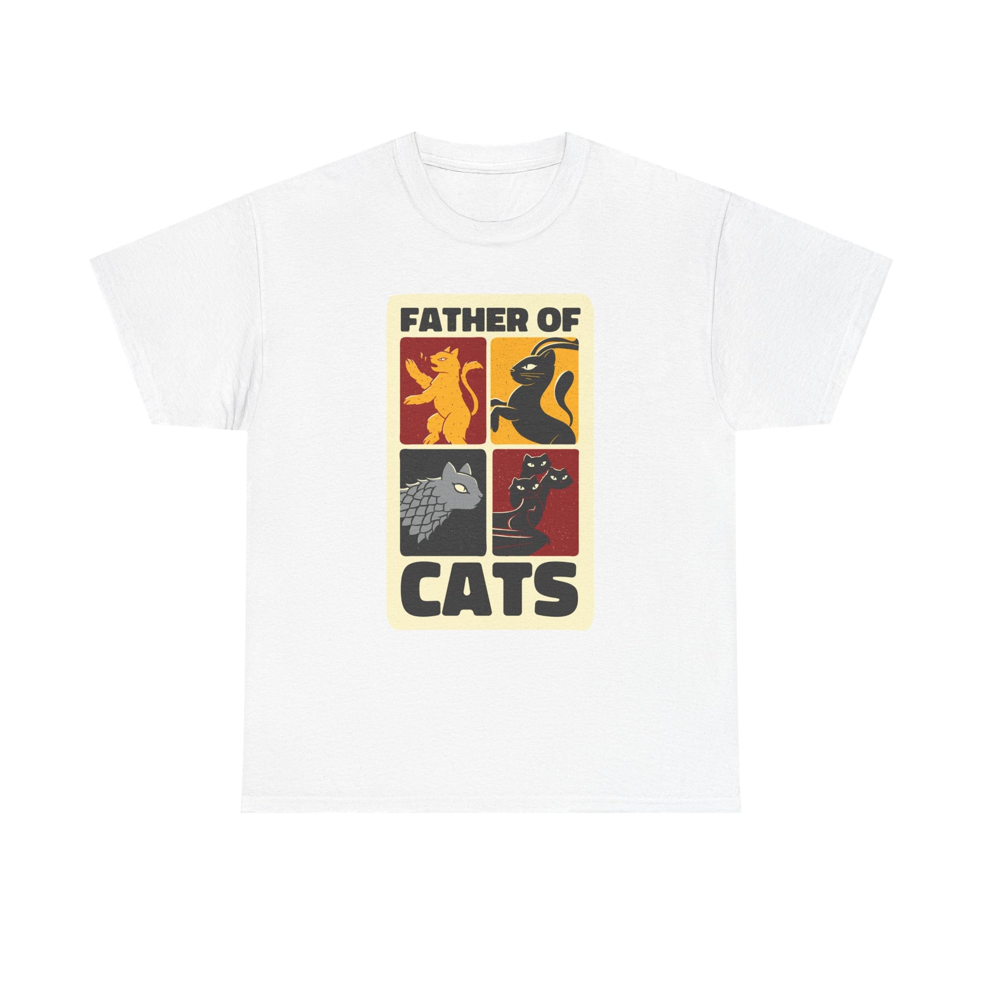 Weißes T Shirt mit Katzenhauswappen in vier Farben und der Aufschrift Father of Cats. Anlehnung an Game of Thrones.