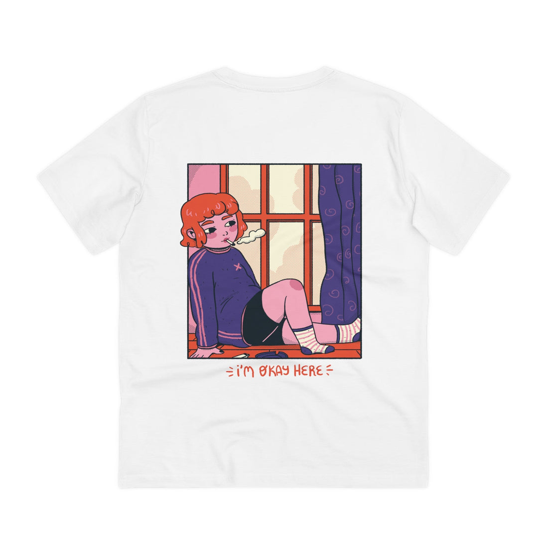 Printify T-Shirt White / 2XS Girl in Window - Cozy at Home - Back Design