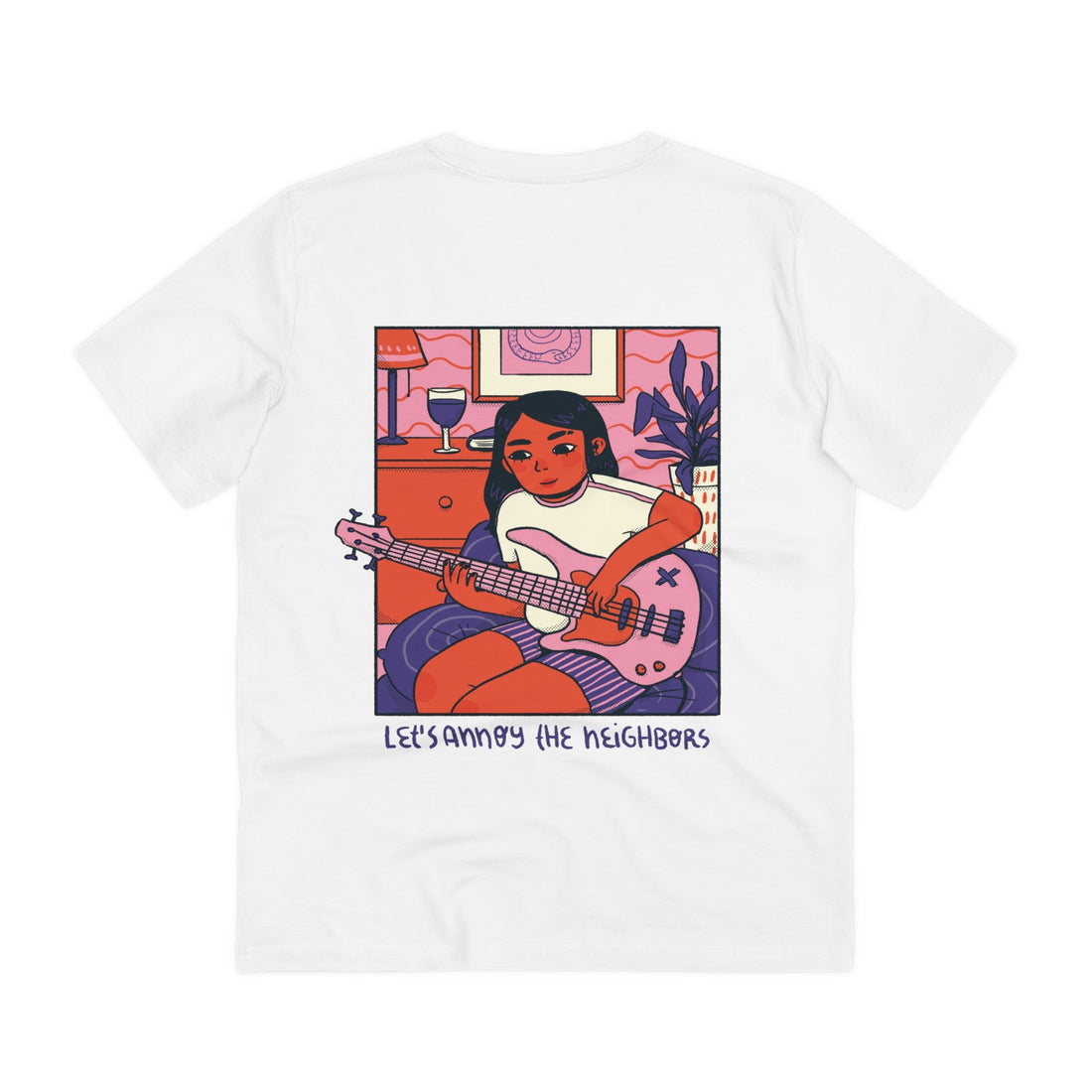 Printify T-Shirt White / 2XS Girl playing bass - Cozy at Home - Back Design