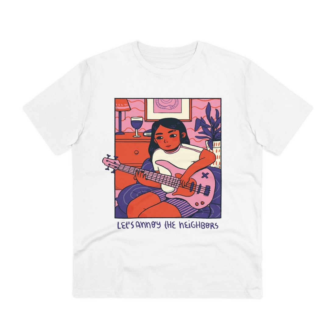 Printify T-Shirt White / 2XS Girl playing bass - Cozy at Home - Front Design