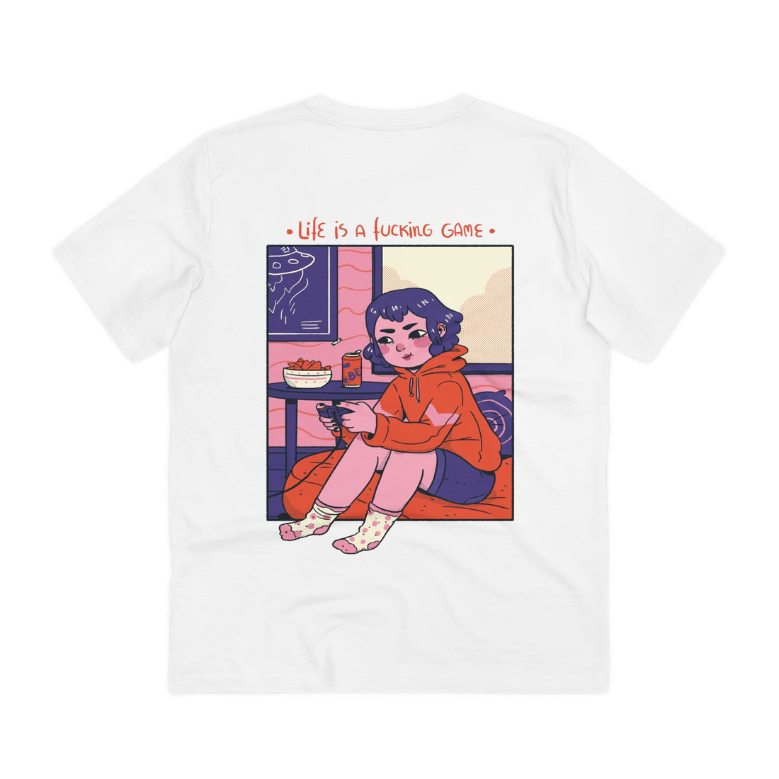 Printify T-Shirt White / 2XS Girl playing Videogames - Cozy at Home - Back Design