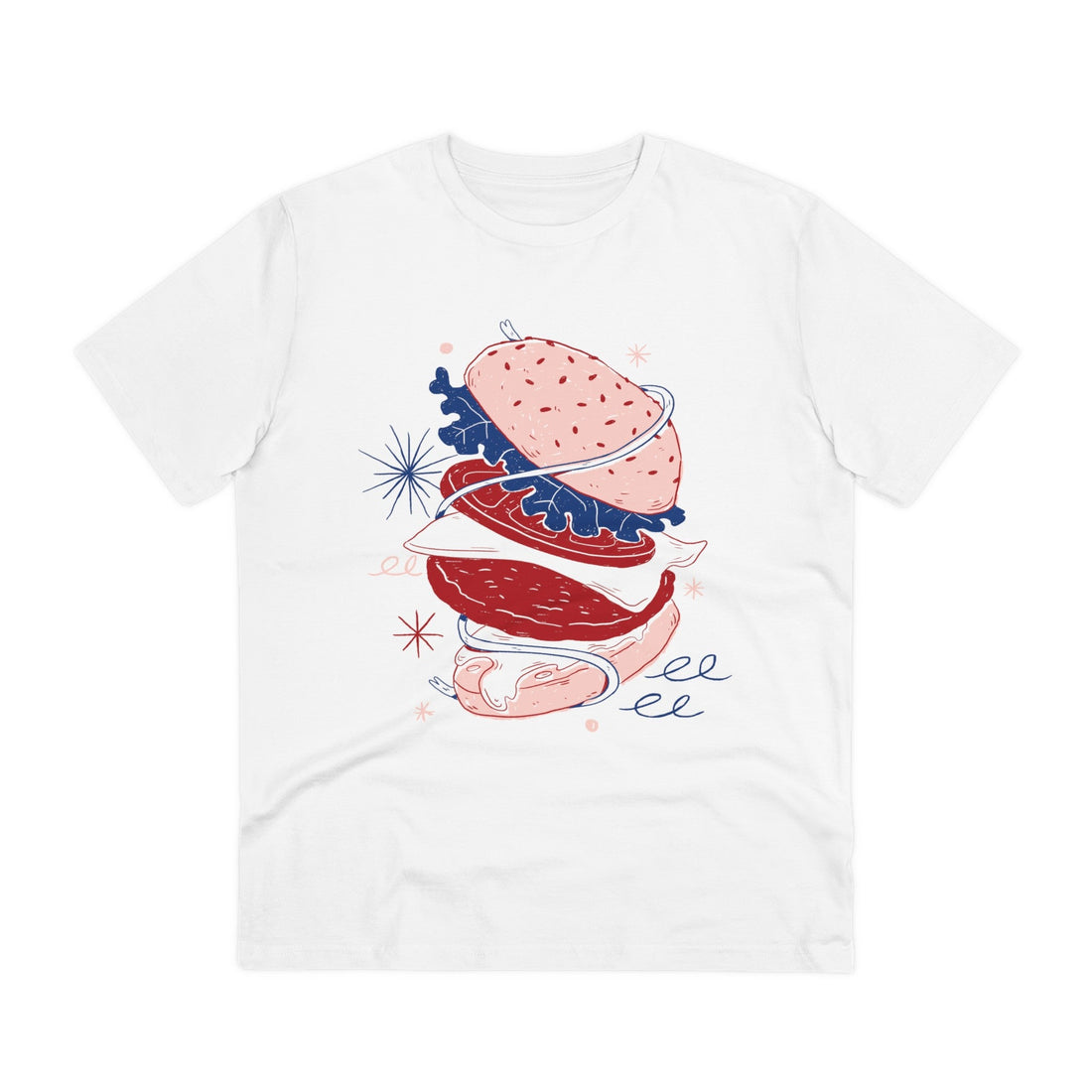 Printify T-Shirt White / 2XS Hamburger - Retro Doodled Food - Front Design