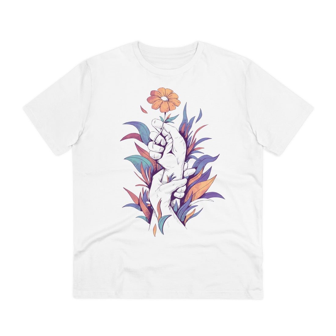 Printify T-Shirt White / 2XS Hands holding a Flower - Floral Hands - Front Design