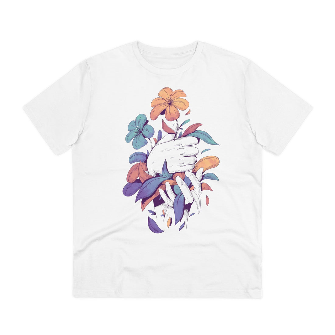 Printify T-Shirt White / 2XS Hands holding Flowers and Leaves - Floral Hands - Front Design