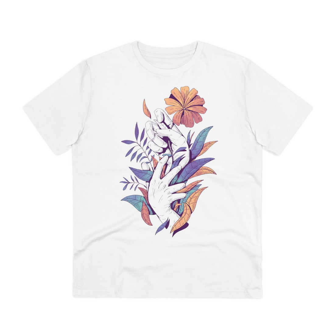 Printify T-Shirt White / 2XS Hands holding leaves and flowers - Floral Hands - Front Design