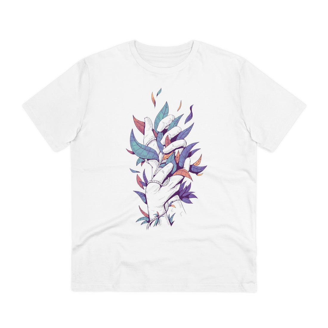 Printify T-Shirt White / 2XS Hands with color leaves - Floral Hands - Front Design