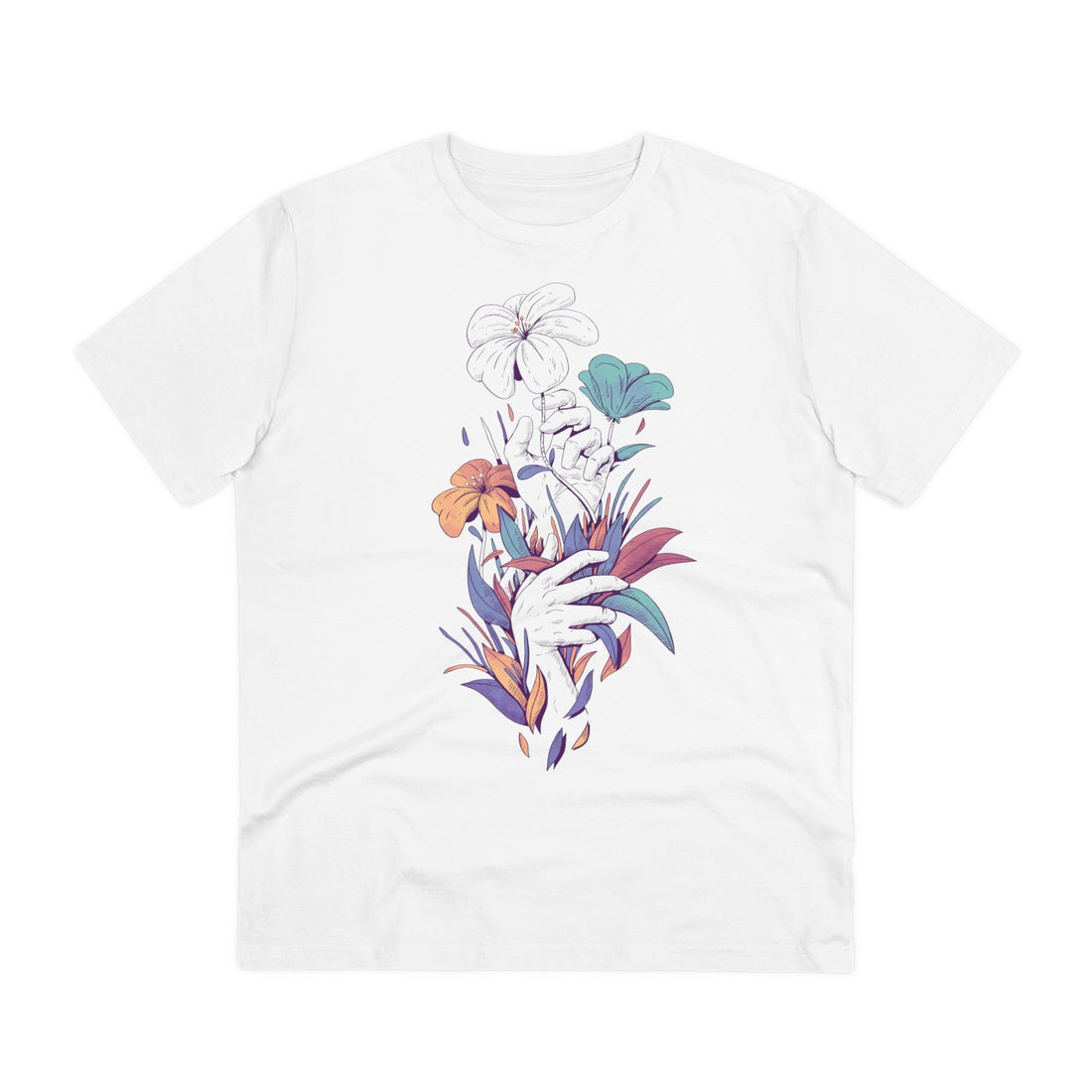 Printify T-Shirt White / 2XS Hands with flowers and leaves - Floral Hands - Front Design