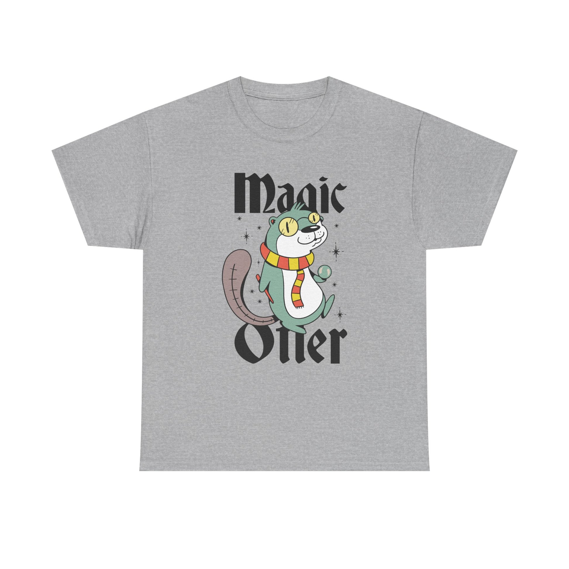 Graues Shirt mit Comic-Otter als Harry-Potter-Parodie. Brille, Narbe und Zauberschal lassen den Otter zum Zauberlehrling werden.