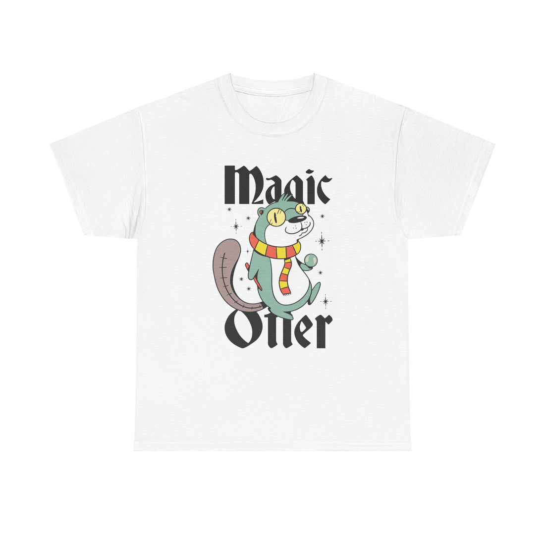 Weißes Shirt mit einem zauberhaften Otter im Stil von Harry Potter. Mit Brille, Zauberstab und gestreiftem Schal – perfekt für Potterheads mit Humor.