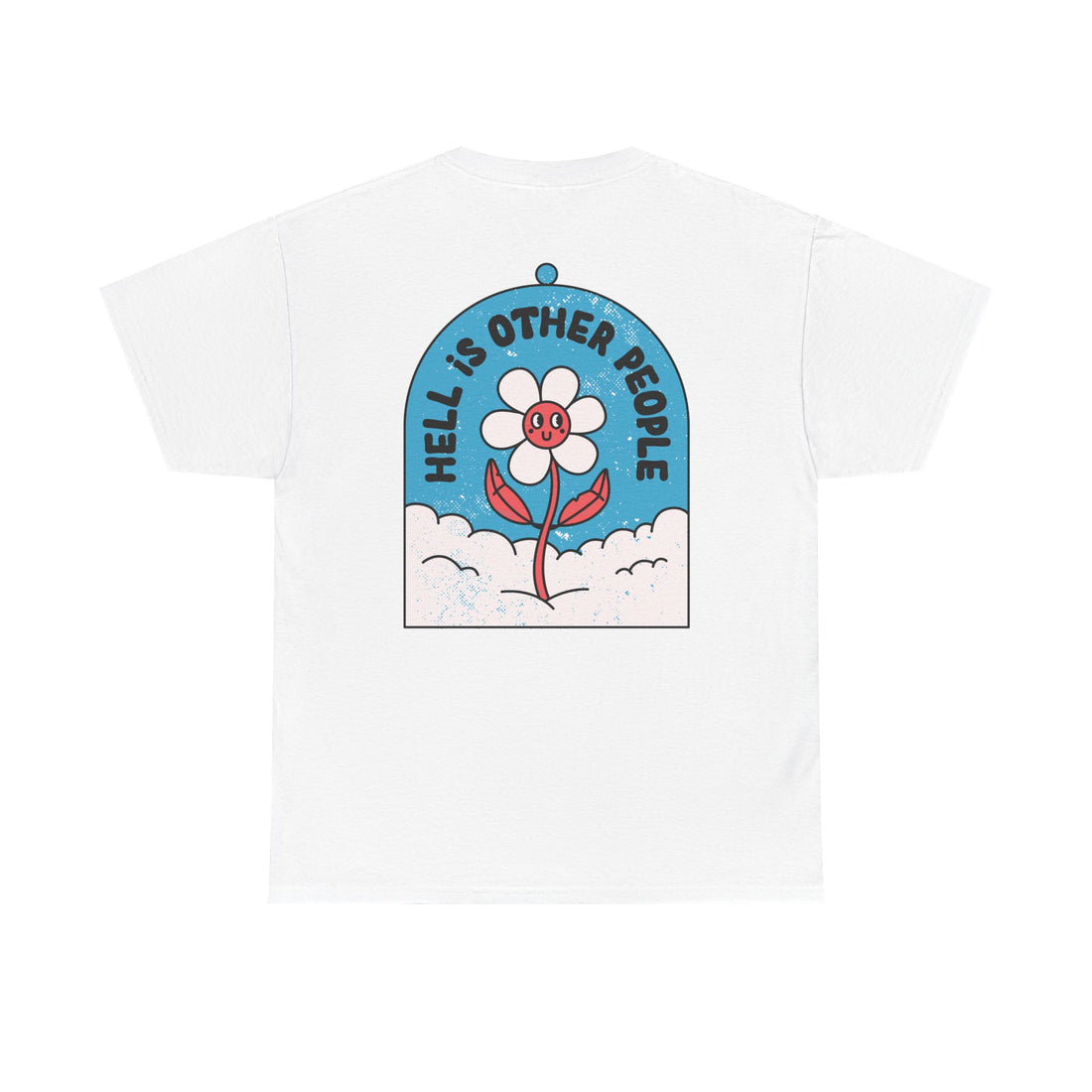 Weißes T-Shirt mit Back Print und dem Statement „Hell is other people“ im Antisocial-Retro-Stil