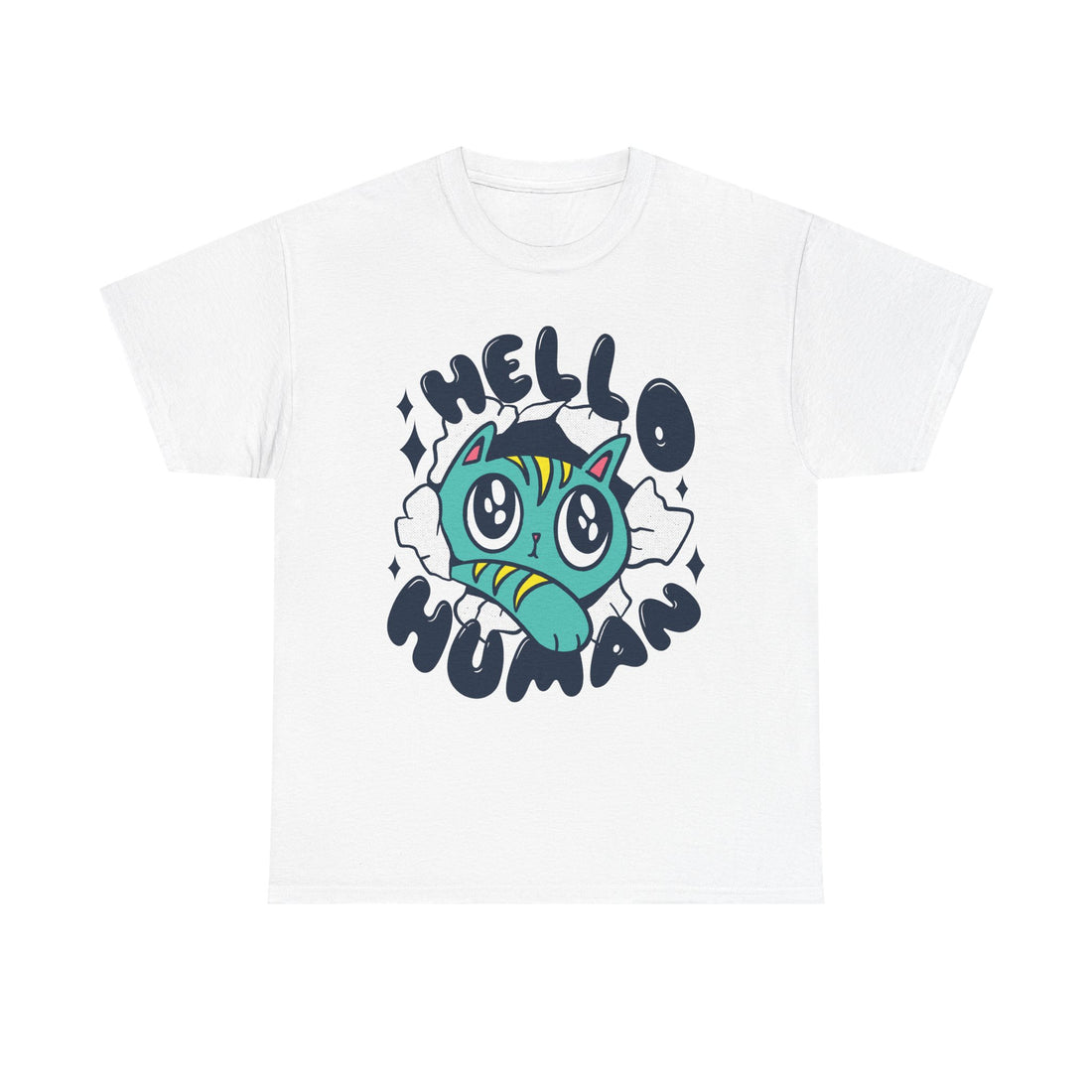 Weißes T-Shirt mit Frontprint: Ein türkisfarbener Comic-Kater mit riesigen Kulleraugen bricht durch ein Papierloch. Drumherum steht in verspielter Typo „HELLO HUMAN“. Ein humorvolles Design für Katzenfans und Popkultur-Liebhaber.