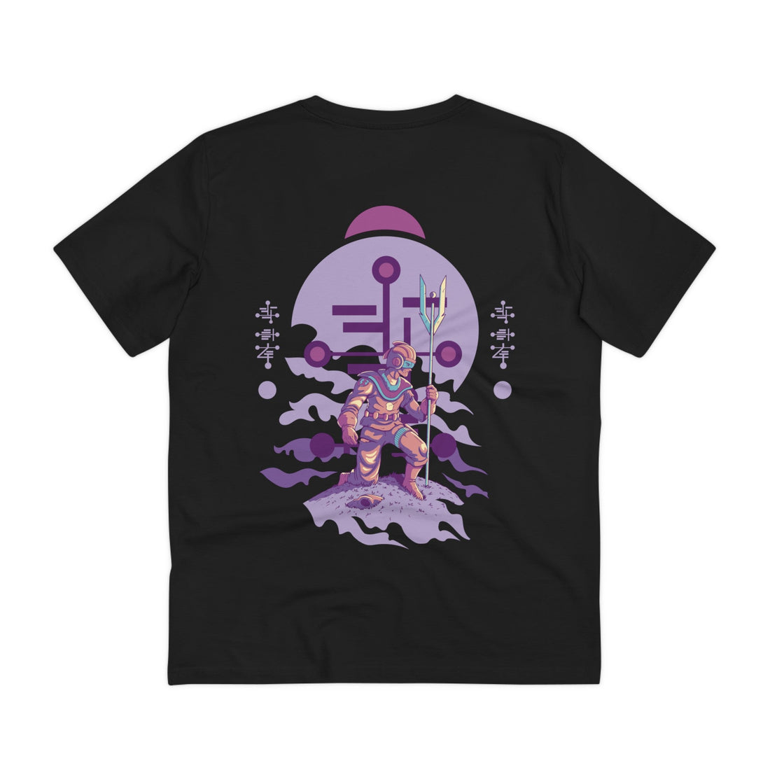 Printify T-Shirt Black / 2XS Humanoid Alien kneeling with staff and helmet - Alien Warrior - Back Design