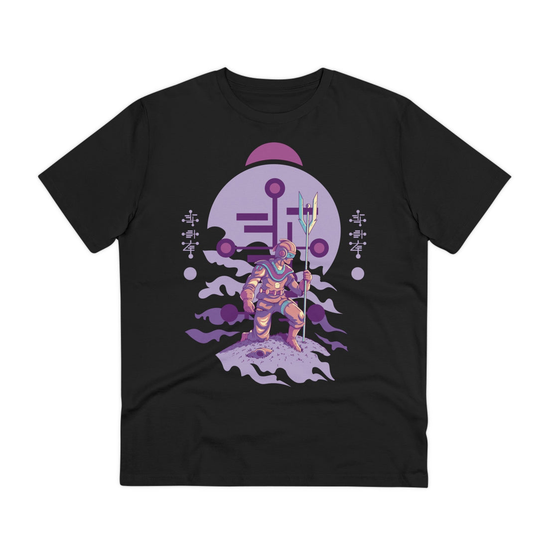 Printify T-Shirt Black / 2XS Humanoid Alien kneeling with staff and helmet - Alien Warrior - Front Design