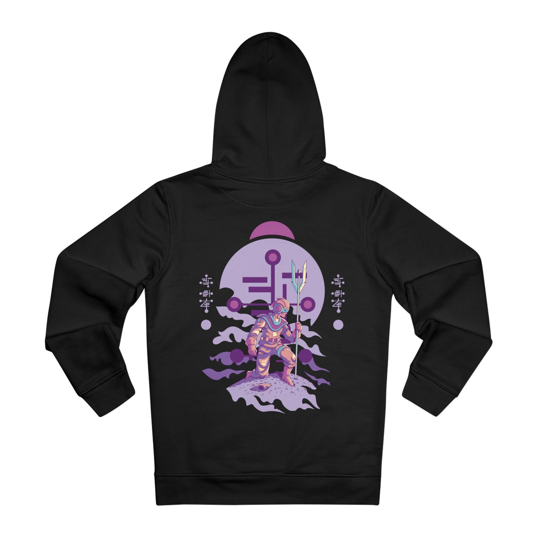 Printify Hoodie Black / M Humanoid Alien kneeling with staff and helmet - Alien Warrior - Hoodie - Back Design