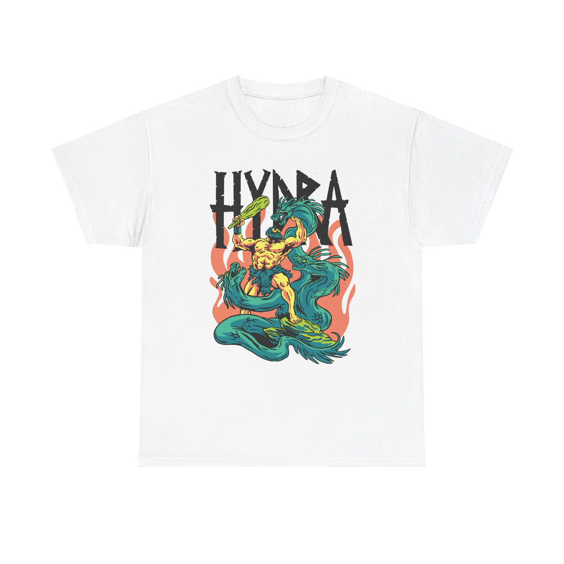 Weißes Unisex‑T‑Shirt mit farbigem Frontdruck. Herkules kämpft gegen eine mehrköpfige Hydra vor orangen Flammen.