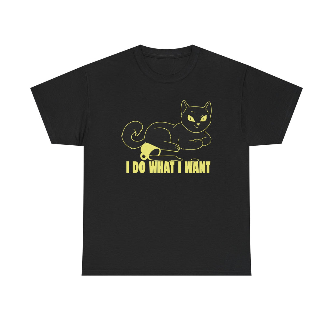 Schwarzes T-Shirt mit rebellischer Katze und umgeworfenem Becher – darunter der freche Spruch „I do what I want“, perfekt für selbstbewusste Katzenfans.