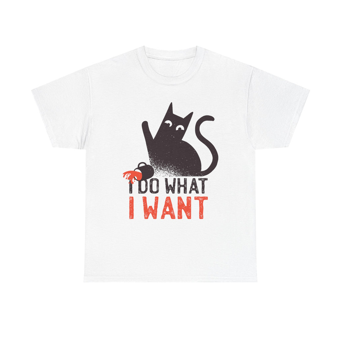 Weißes T-Shirt mit minimalistischem Frontmotiv: Eine schwarze Silhouettenkatze schaut schelmisch, während sie demonstrativ eine rote Kaffeetasse umstößt. Darunter der Schriftzug „I DO WHAT I WANT“ in Schwarz und Rot – ein Statement-Shirt für Freigeister und Katzenliebhaber.