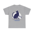 Graues T-Shirt mit dunkelblauem Katzenmotiv: Eine abstrahierte Katze im Profil kippt mit ihrer Pfote eine Kaffeetasse um. Text darunter: „I DO WHAT I WANT“ – ein stiller Protest in stylischer Form.