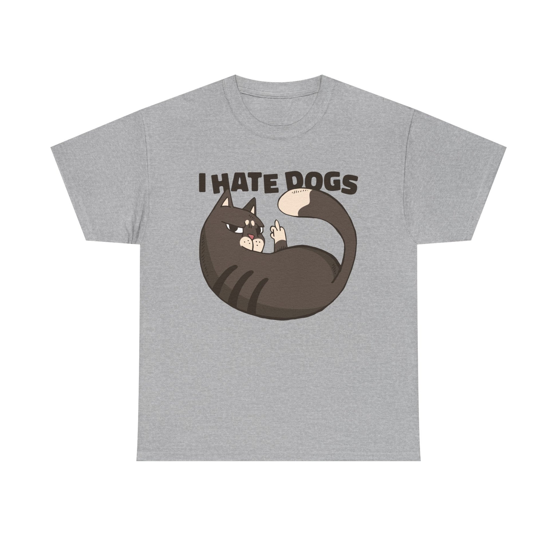 Graues T-Shirt mit sarkastischem Katzenmotiv: Eine finstere Katze zeigt in geballter Körperhaltung die Pfote mit Mittelfinger. Darüber der Text „I HATE DOGS“. Ein rebellisches Statement in cooler Optik.
