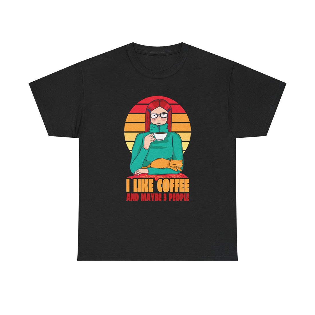 Schwarzes T-Shirt mit Frau, die Kaffee trinkt, und schlafender Katze – Spruch „I Like Coffee and Maybe 3 People“ für introvertierte Katzenliebhaber.