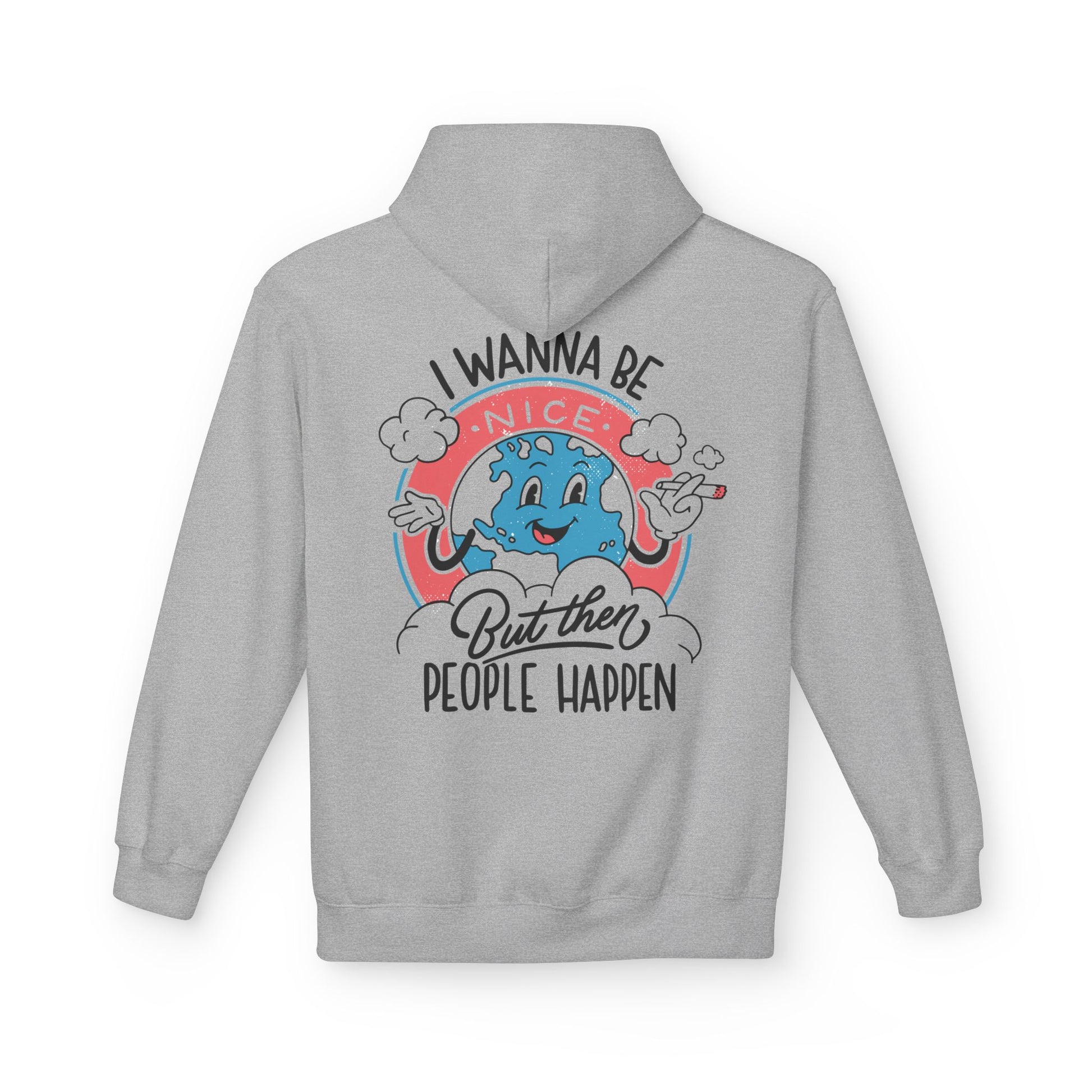 Grauer Unisex Hoodie mit Antisocial-Retro-Back-Print „I wanna be nice but then people happen“