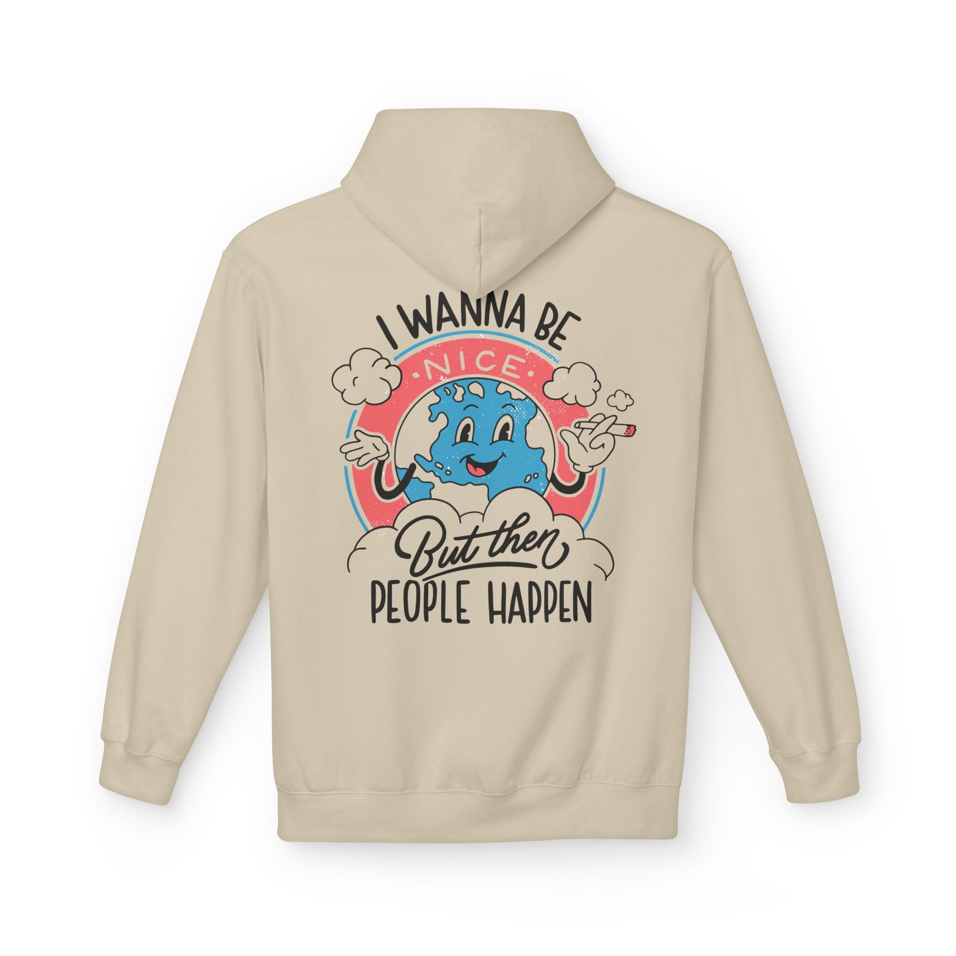 Sandfarbener Unisex Hoodie mit Antisocial-Retro-Back-Print „I wanna be nice but then people happen“