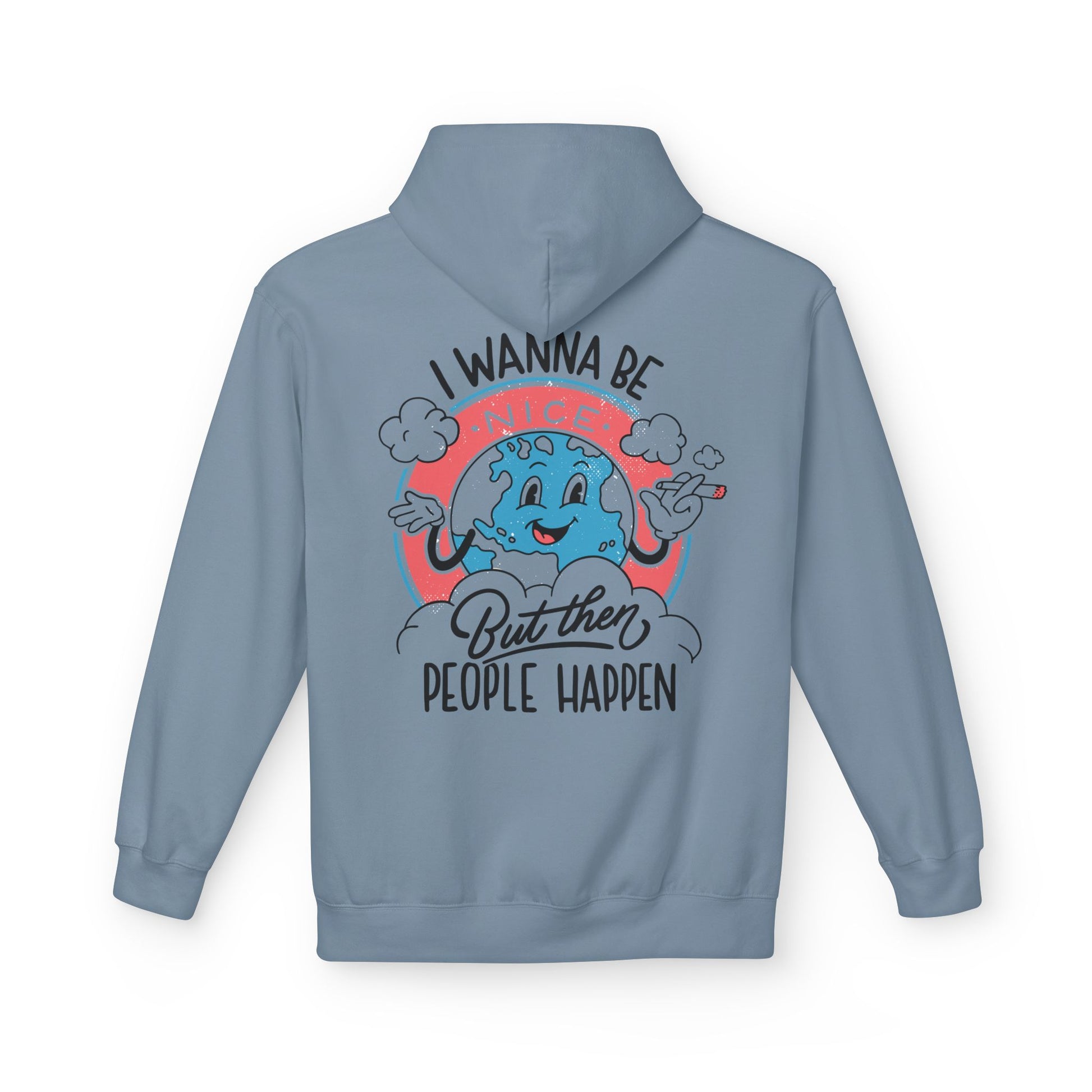 Steinblauer Unisex Hoodie mit Antisocial-Retro-Back-Print „I wanna be nice but then people happen“