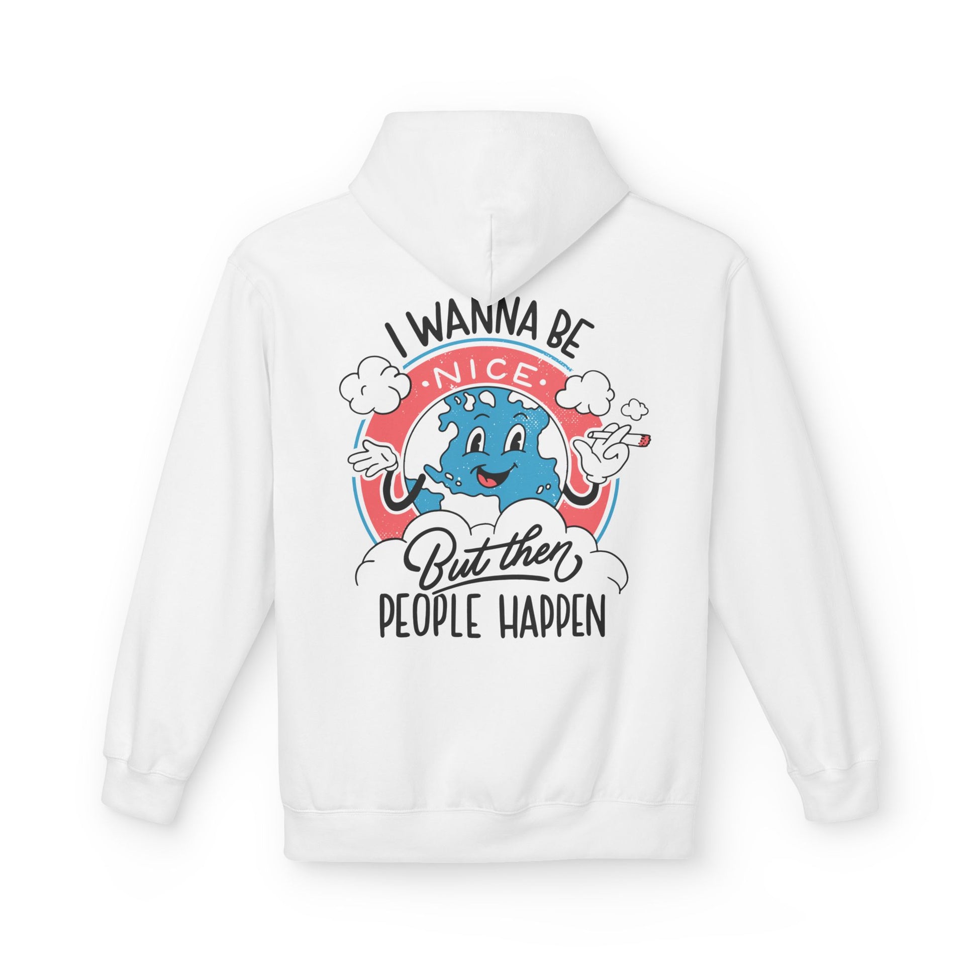 Weißer Unisex Hoodie mit Antisocial-Retro-Back-Print „I wanna be nice but then people happen“
