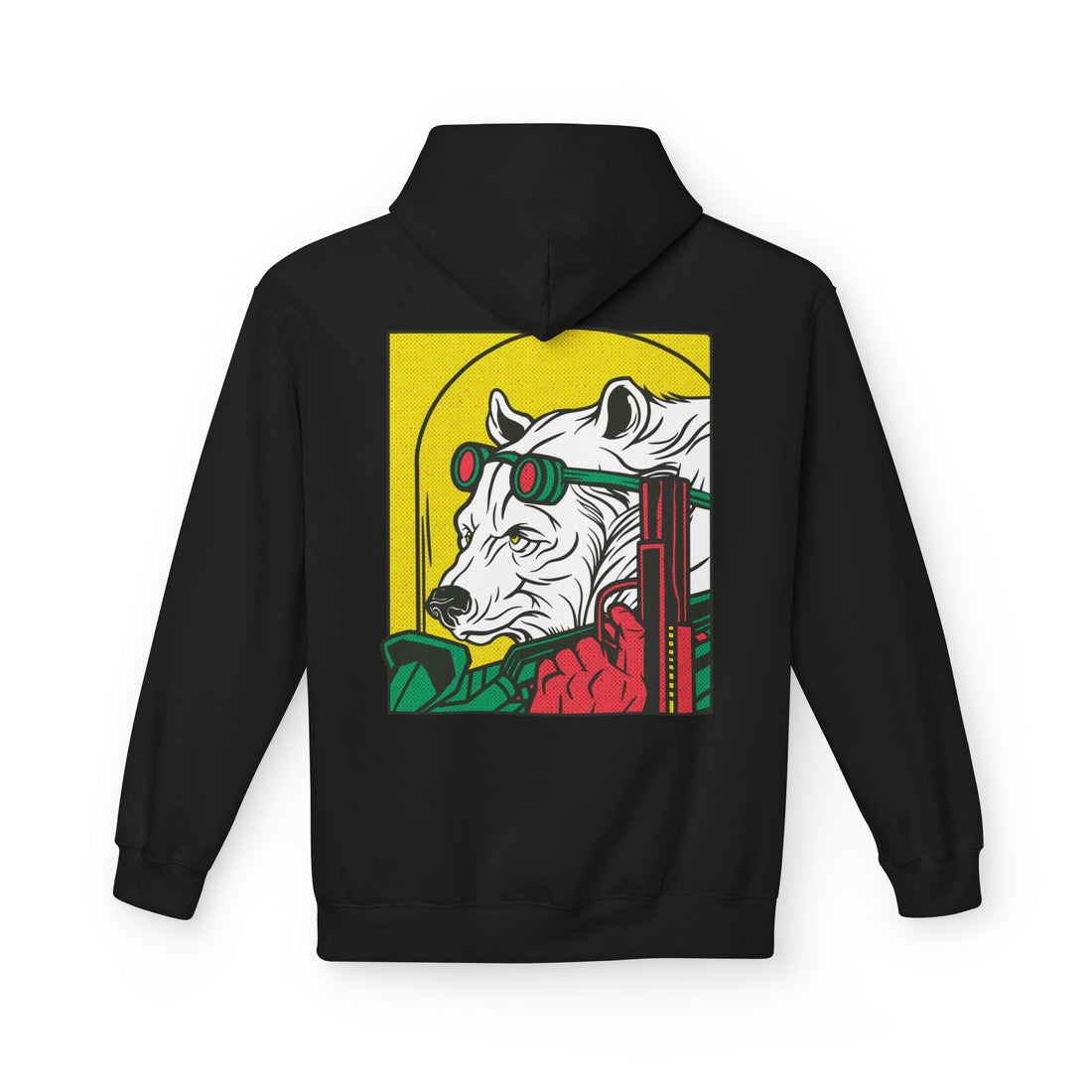 Schwarzer Unisex Hoodie mit Comic-Mafia Back-Print eines bewaffneten Eisbären im markanten Illustrationsstil