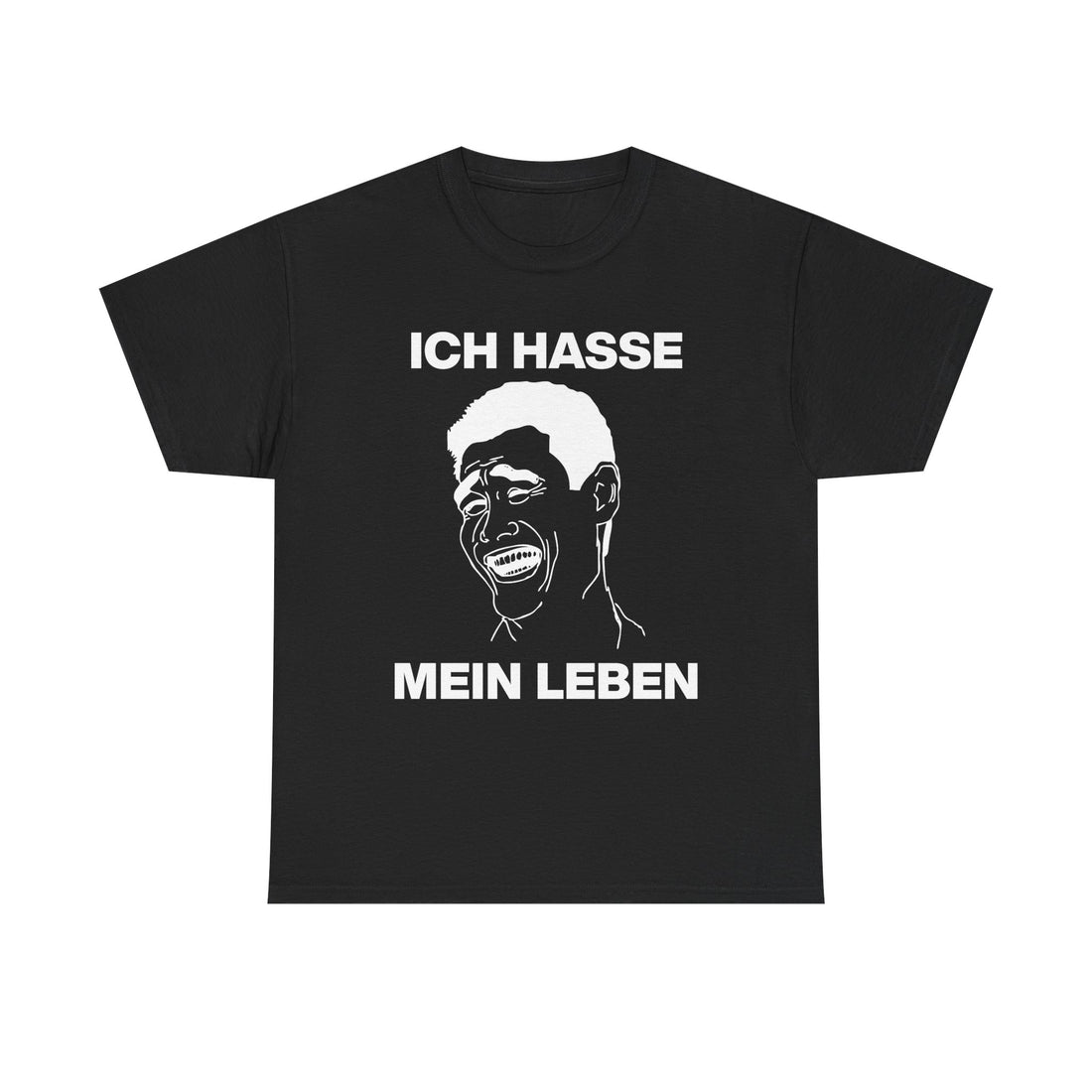 Schwarzes Unisex T-Shirt mit Meme-Gesicht im Yao-Ming-Stil und dem Spruch „Ich hasse mein Leben“