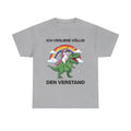 Graues Unisex T-Shirt mit Einhorn-Dinosaurier-Motiv und dem Spruch „Ich verliere völlig den Verstand“