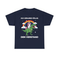 Marineblaues Unisex T-Shirt mit Einhorn-und-Dinosaurier-Motiv und dem Spruch „Ich verliere völlig den Verstand“