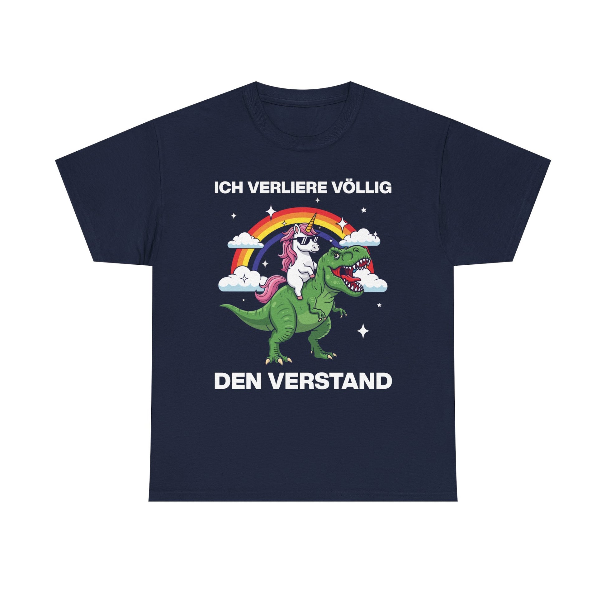 Marineblaues Unisex T-Shirt mit Einhorn-und-Dinosaurier-Motiv und dem Spruch „Ich verliere völlig den Verstand“