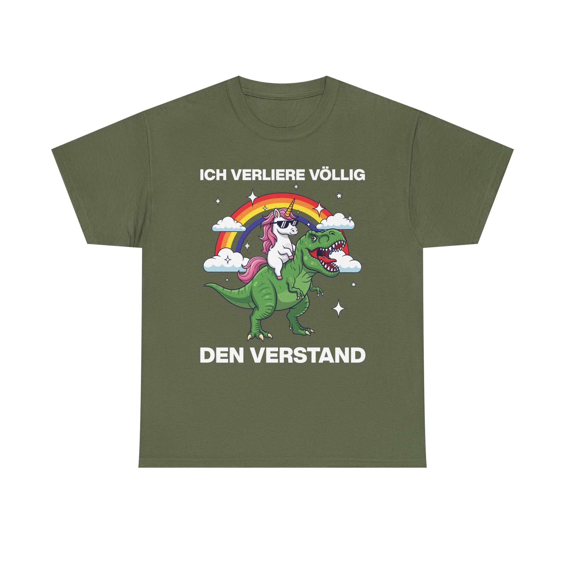 Militärgrünes Unisex T-Shirt mit Front-Print eines Einhorns auf einem Dinosaurier und dem Spruch „Ich verliere völlig den Verstand“