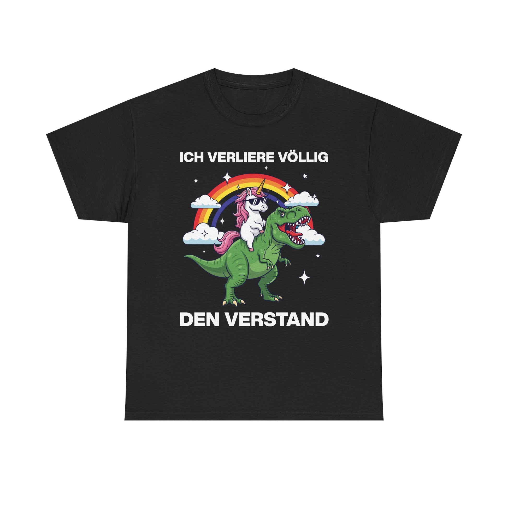Schwarzes Unisex T-Shirt mit Front-Print eines Einhorns auf einem Dinosaurier und dem Spruch „Ich verliere völlig den Verstand“
