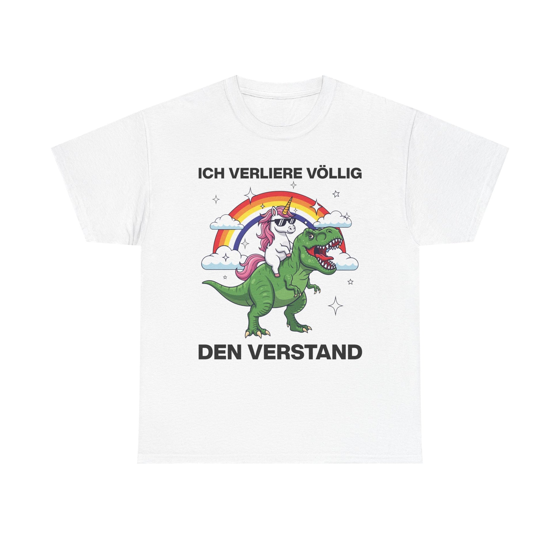 Weißes Unisex T-Shirt mit Front-Print eines Einhorns auf einem Dinosaurier und dem Spruch „Ich verliere völlig den Verstand“