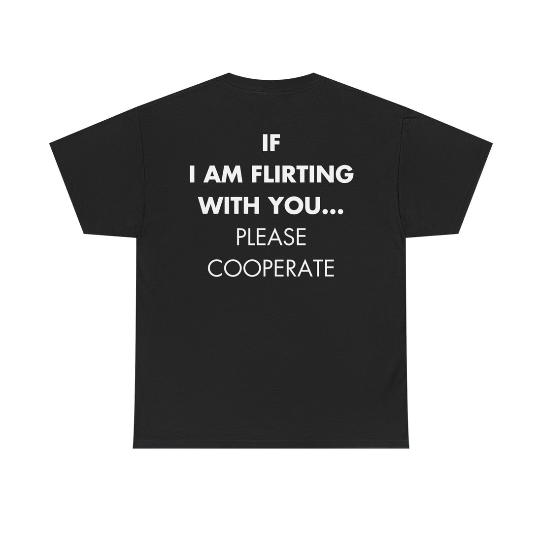 Schwarzes Unisex T-Shirt mit Back-Print und dem englischen Spruch „If I am flirting with you… please cooperate“