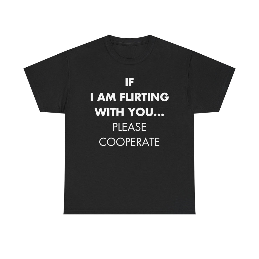Schwarzes Unisex T-Shirt mit Front-Print und dem englischen Spruch „If I am flirting with you… please cooperate“